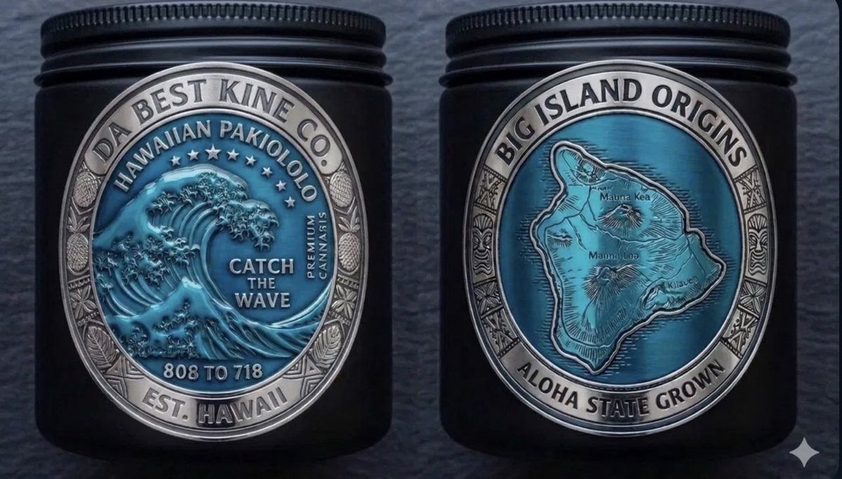 Two Da Best Kine jars with engraved island lids: a wave and the Big Island